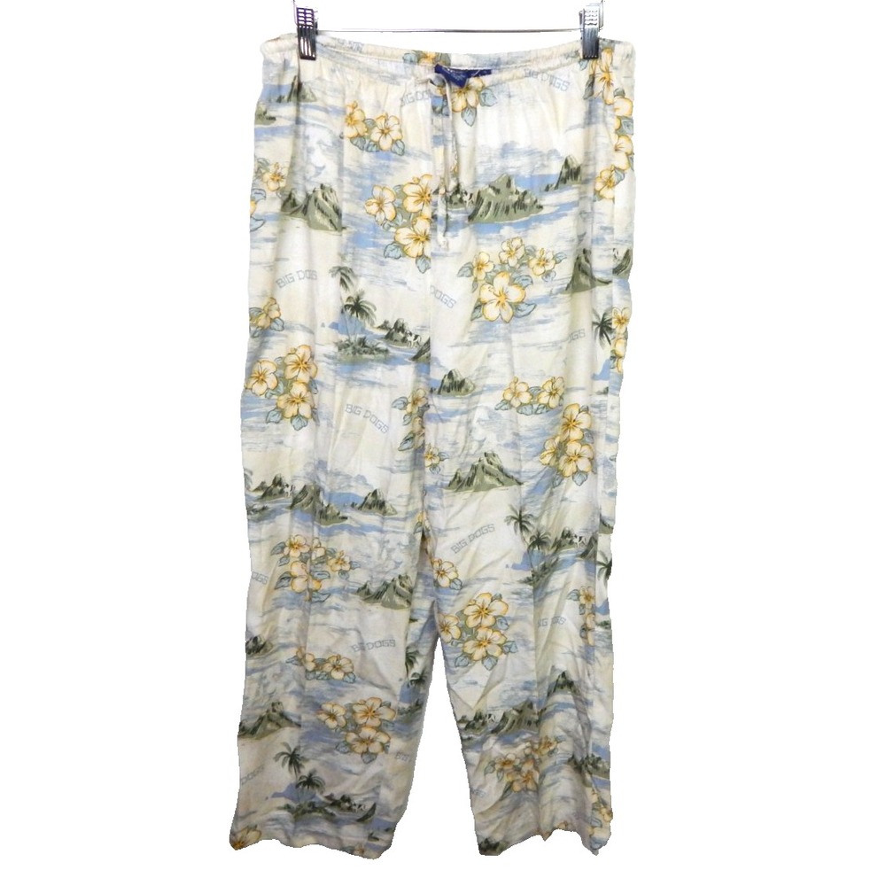 Big Dogs Women's Medium Pants Hawaiian Floral Dog Print Relaxed Crop Drawstring